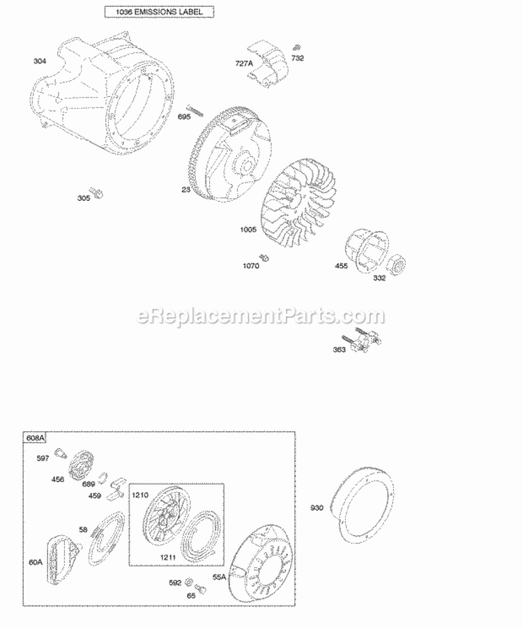 Blower HousingShrouds Flywheel Rewind Starter Diagram and Parts List for 20A113-0533-E1  Briggs and Stratton Engine